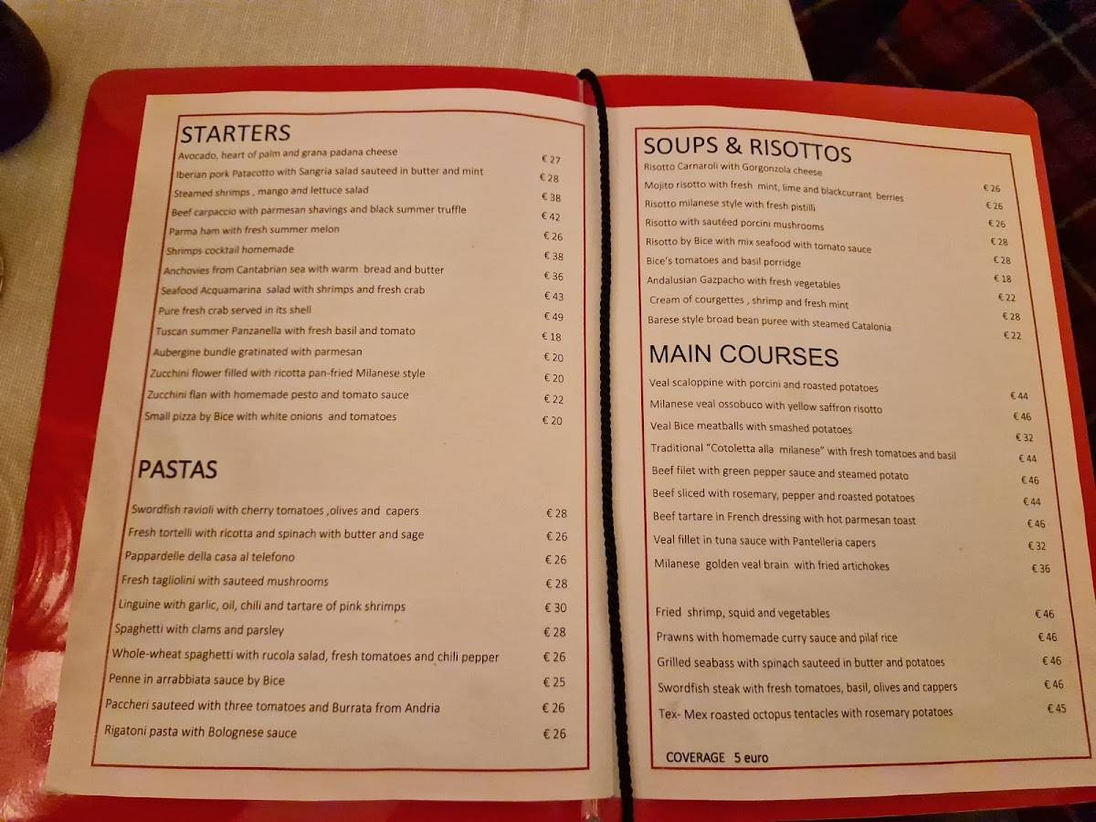 Menu di Bice Milano 