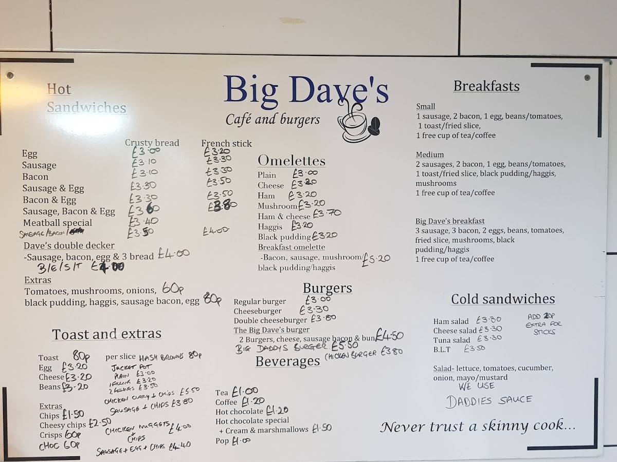 Menu at Big Dave's Cafe, Bromsgrove