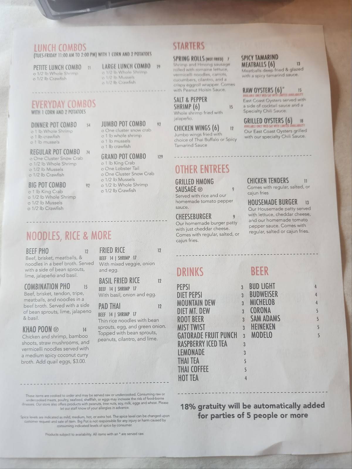 Menu at Big Pot & Grill restaurant, Appleton