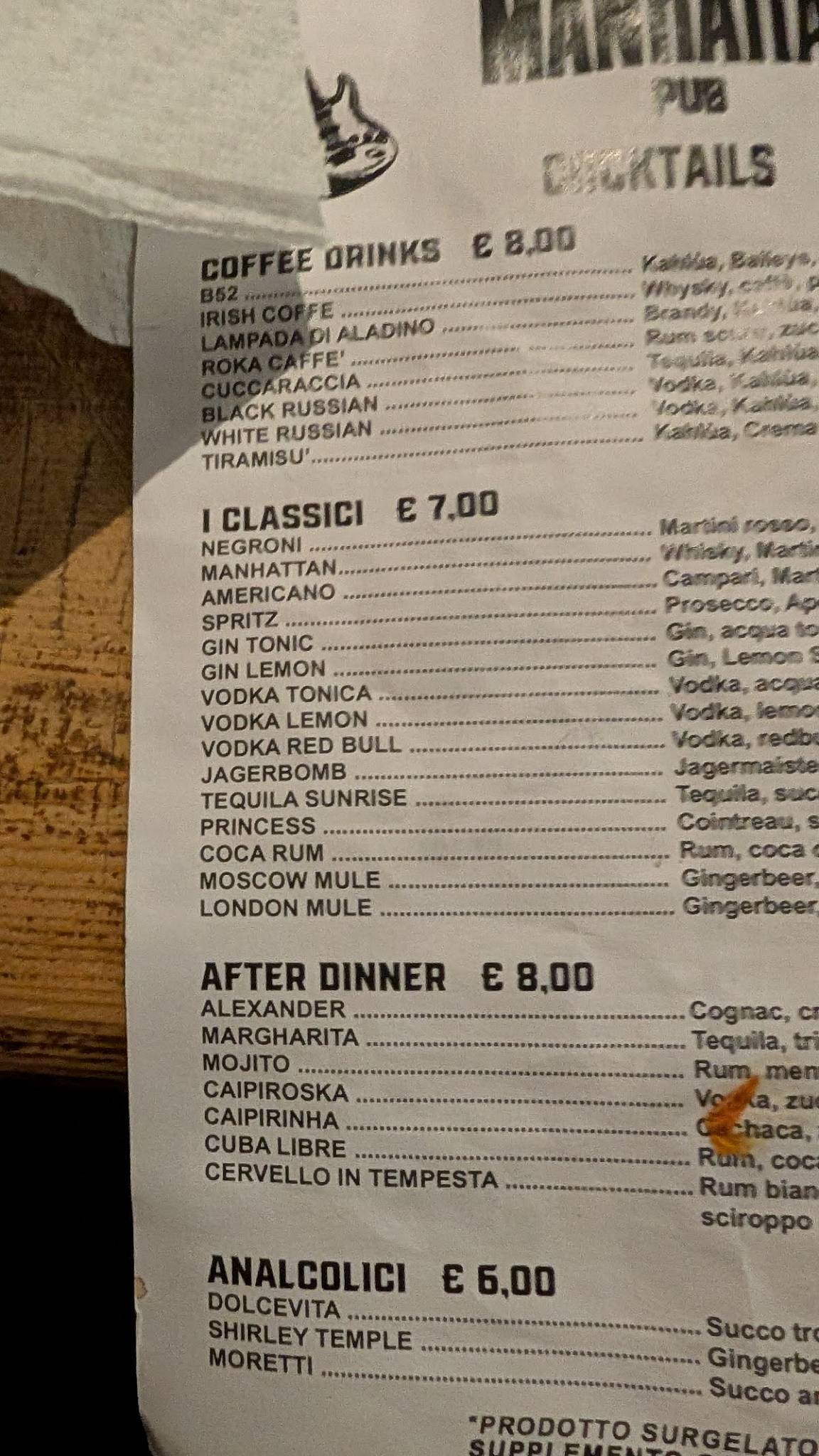 Menu di Birreria Manhattan 