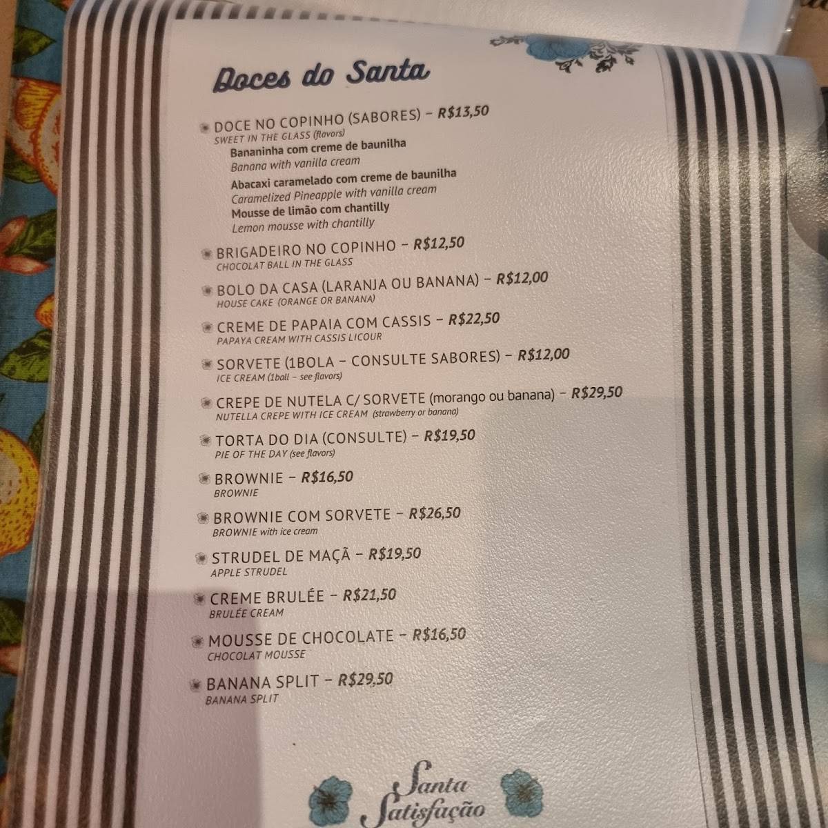 Bistrô Santa Satisfação - Copacabana cardápio