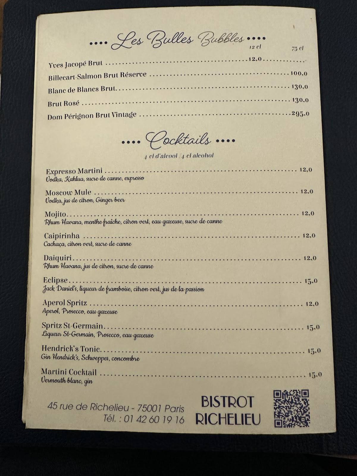 Menu de Bistrot Richelieu