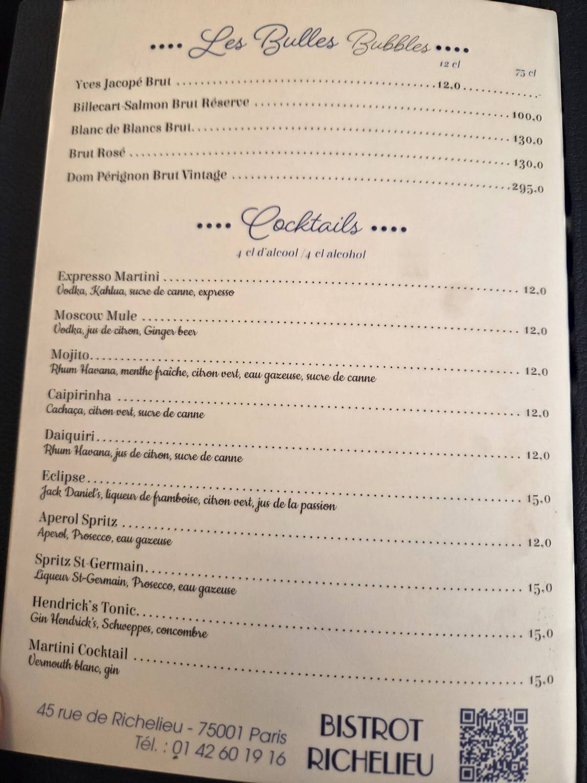 Menu de Bistrot Richelieu