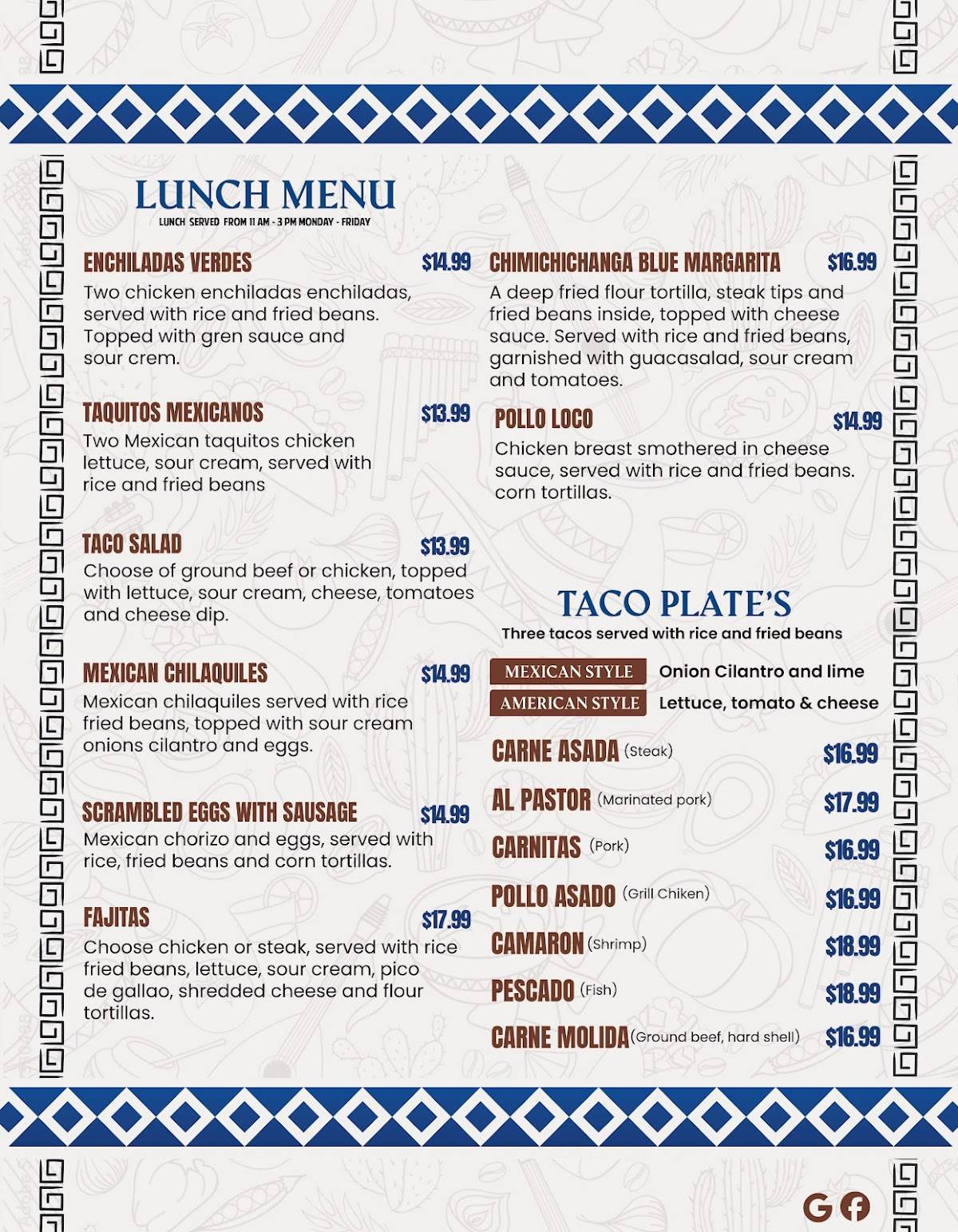 Menu at Blue Margarita's Mexican Restaurant, Highland Park