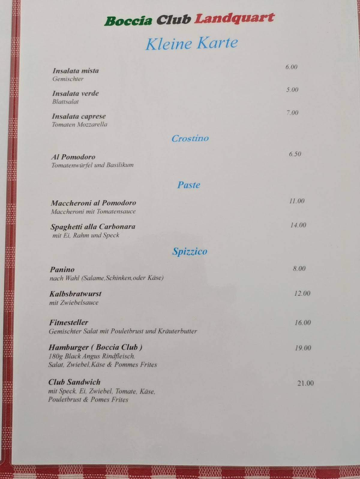 Menu di Boccia Club Landquart 