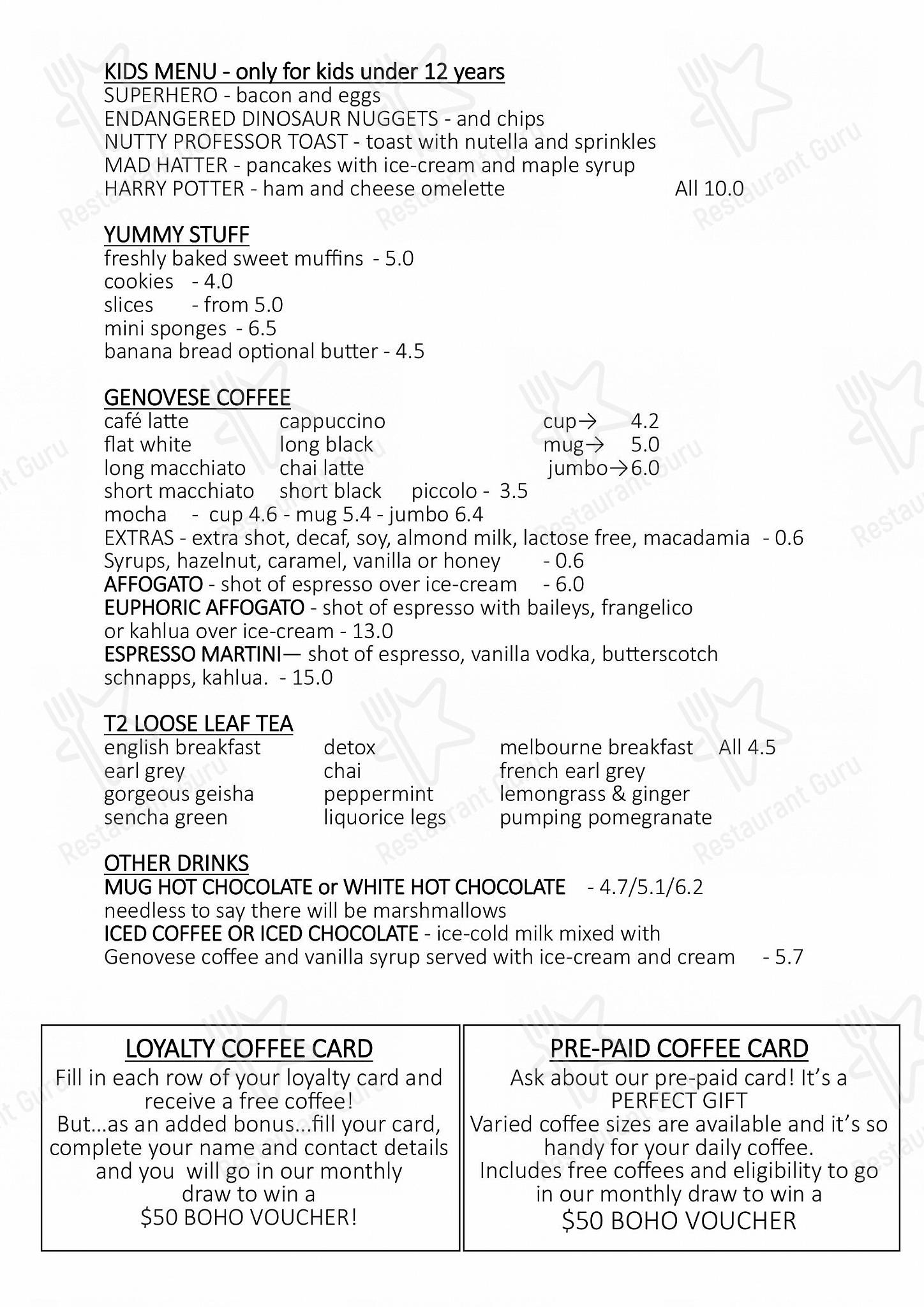 Menu at Bohemia Cafe & Bar, Warrnambool