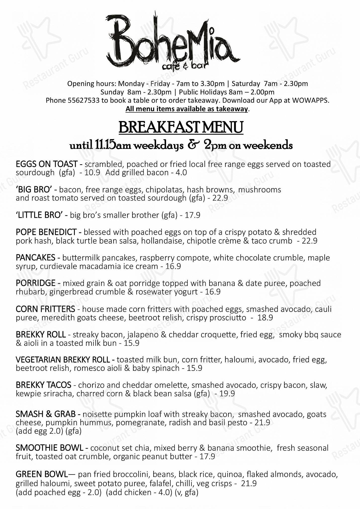 Menu at Bohemia Cafe & Bar, Warrnambool