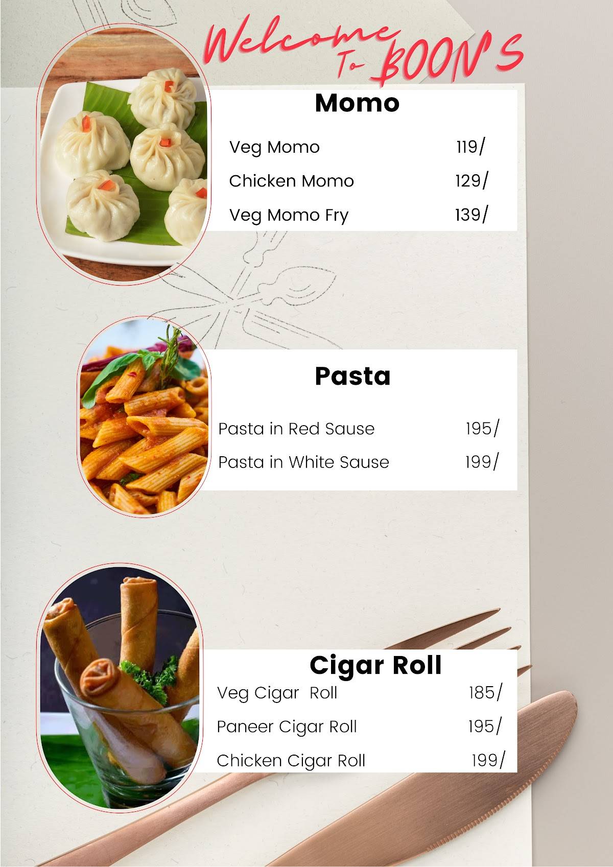 Boons menu