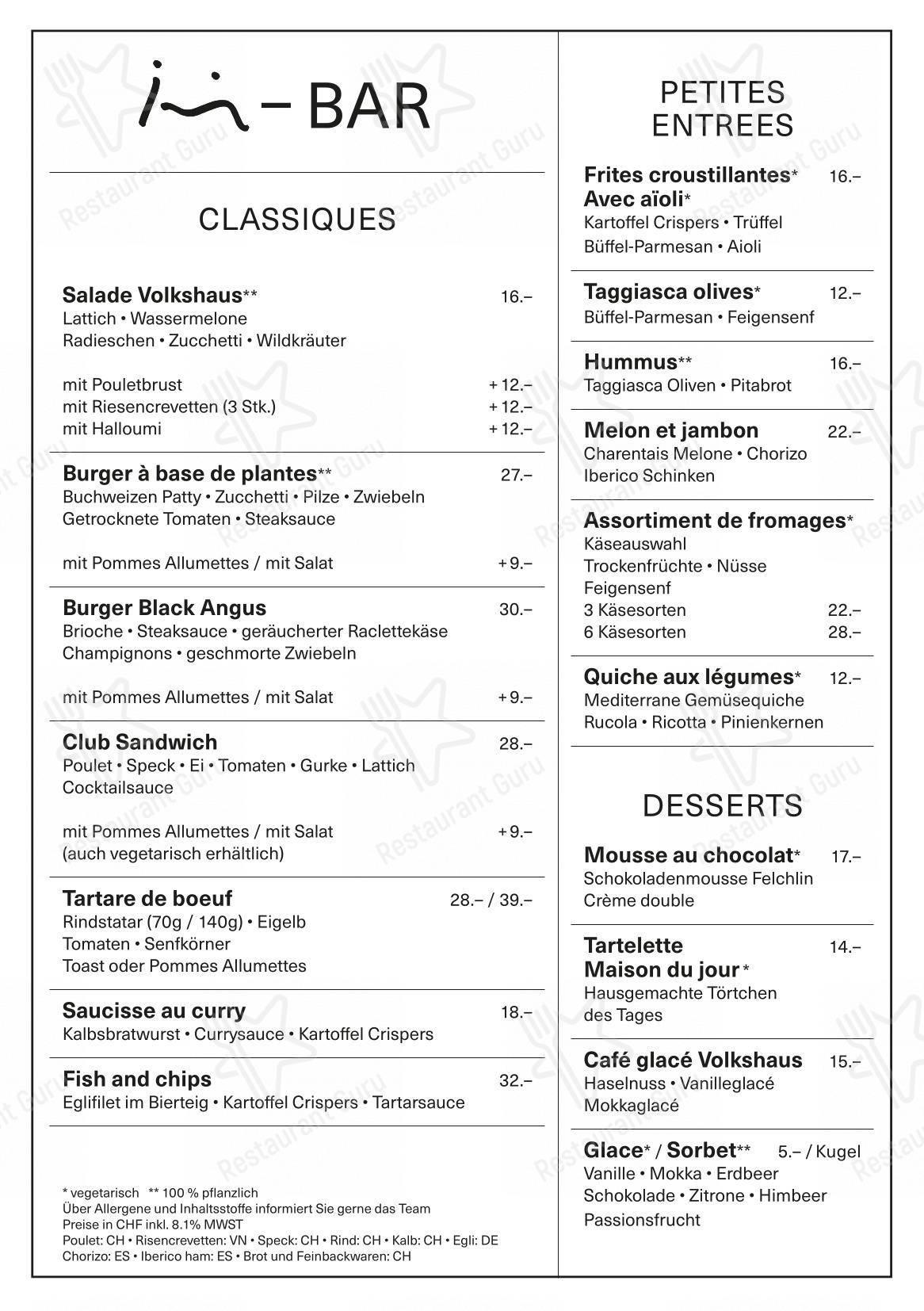 Brasserie, Bar und Event Volkshaus Basel in Basilea - Menu bar