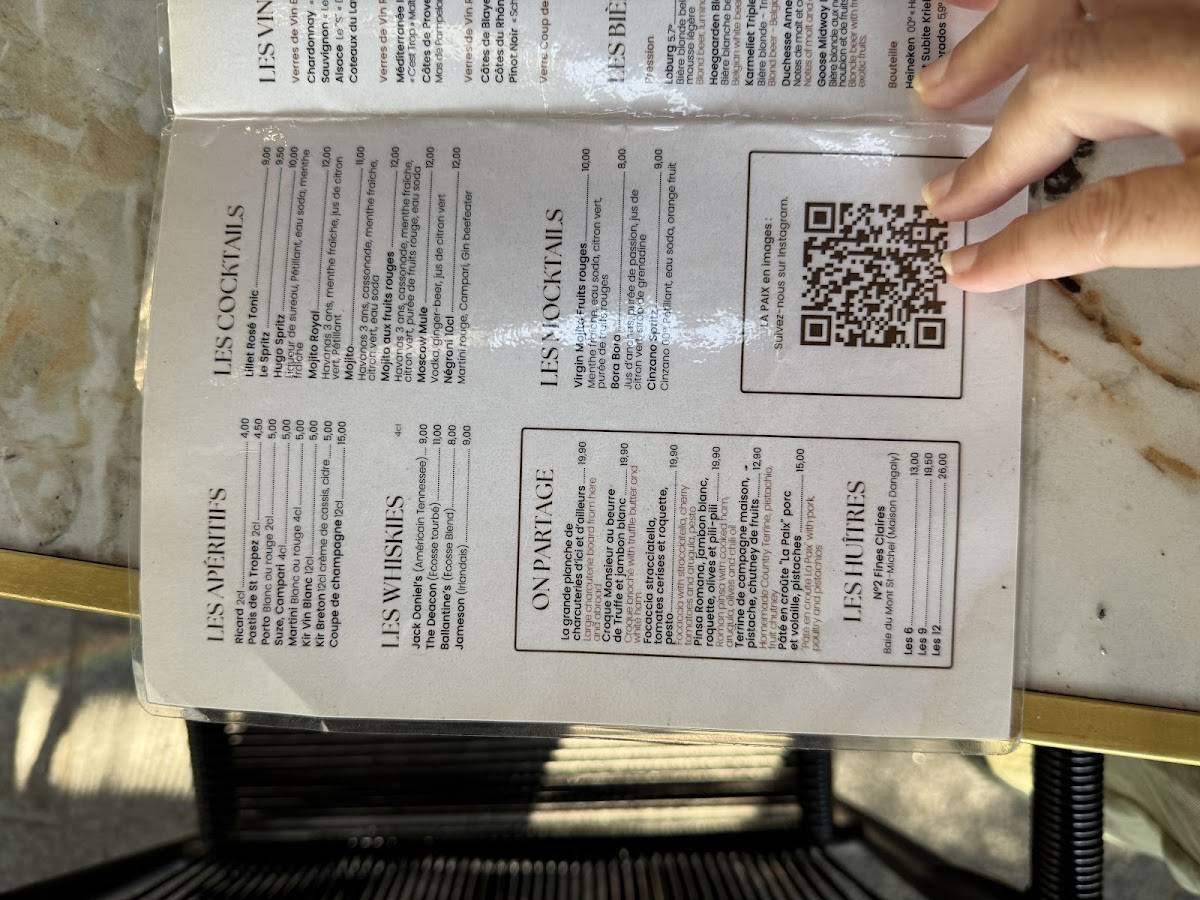Menu de Brasserie de la Paix
