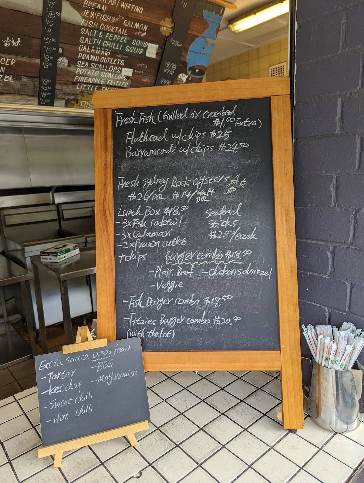 Menu at Fitzies Fish and Chips restaurant, Brooklyn