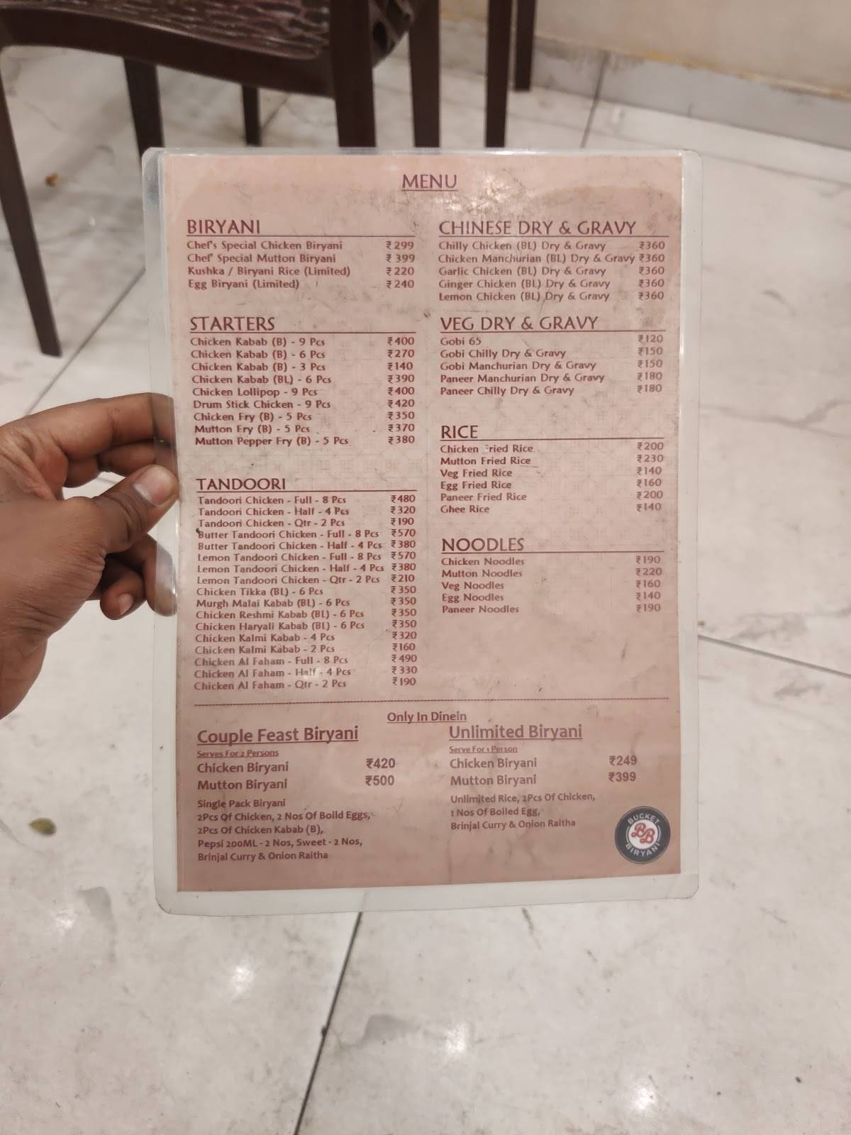 Bucket Biryani menu