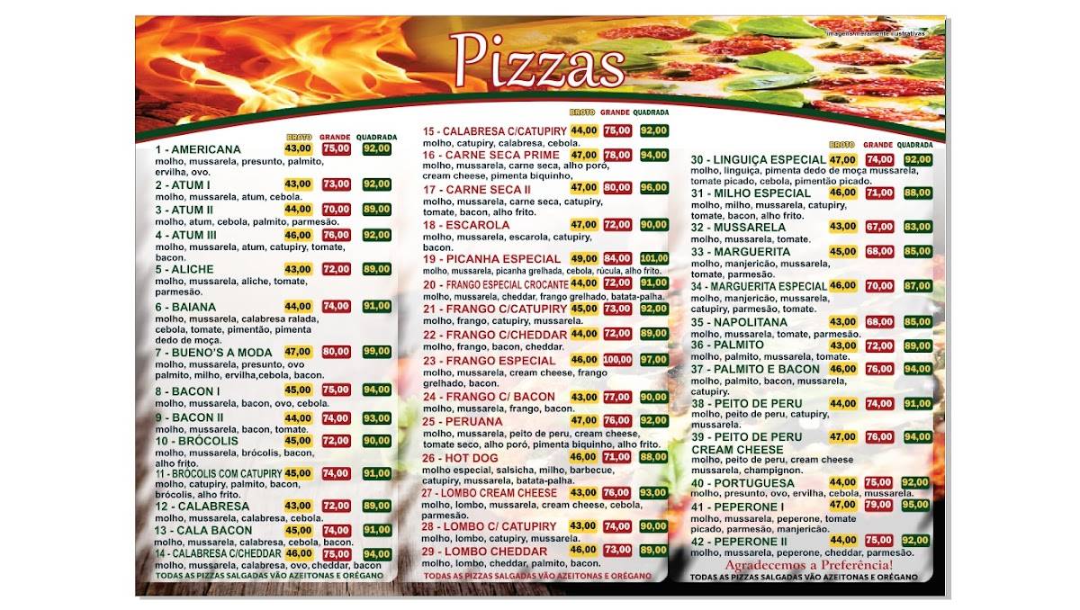 Bueno's Pizza quadrada cardápio