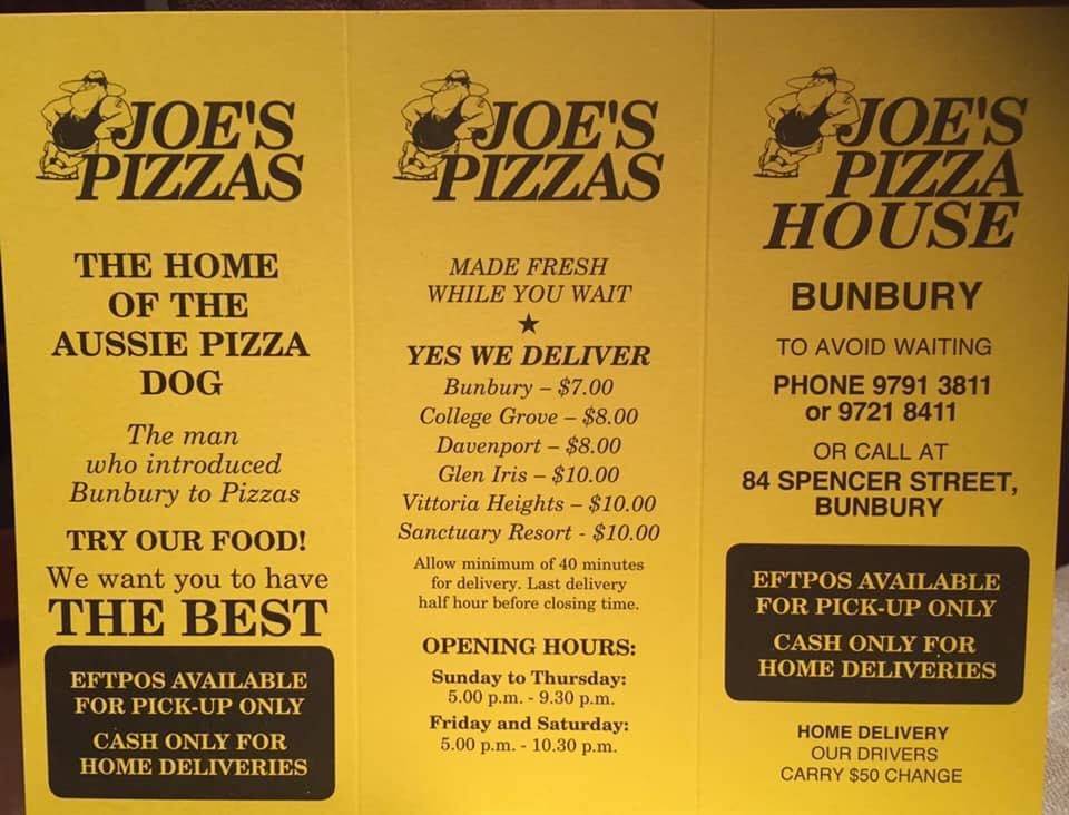 Menu at Joe's Pizza House pizzeria, Bunbury