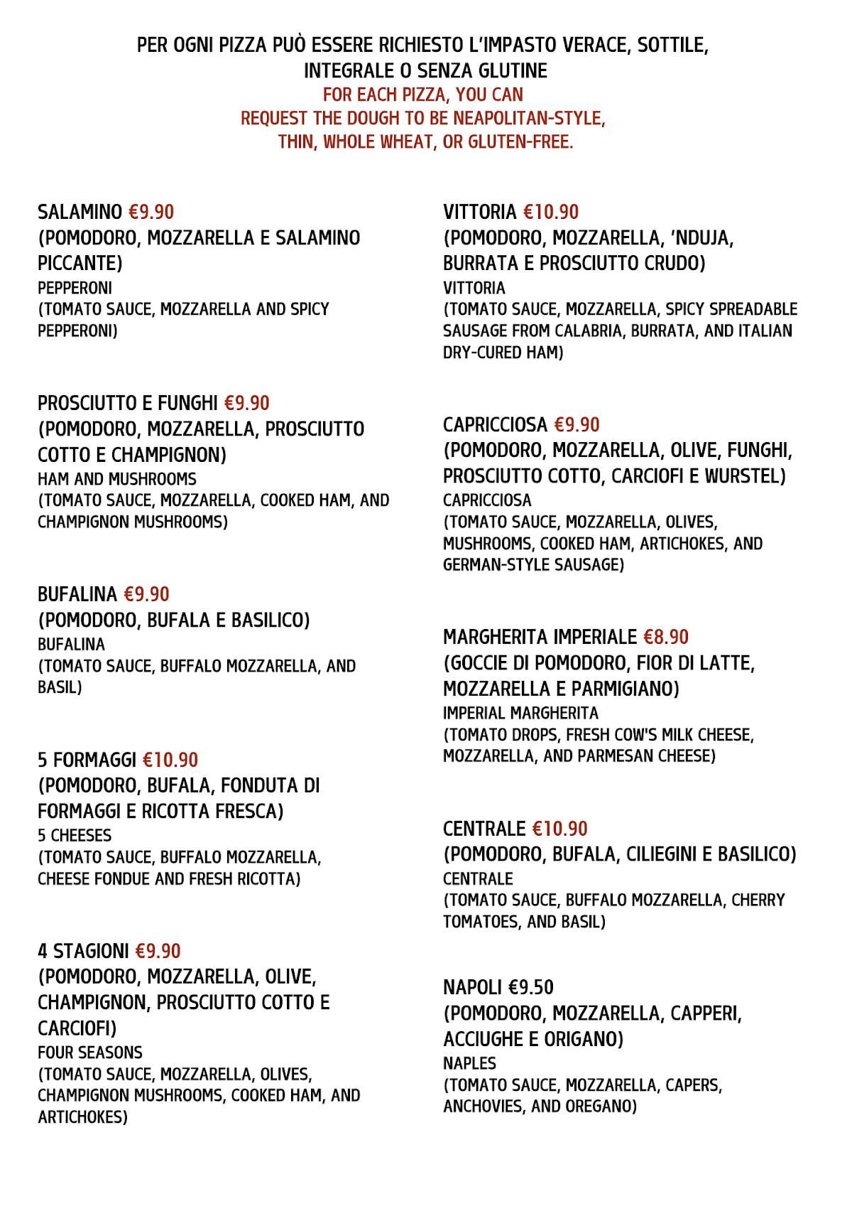 Menu di CENTRALE Ristorante Pizzeria 