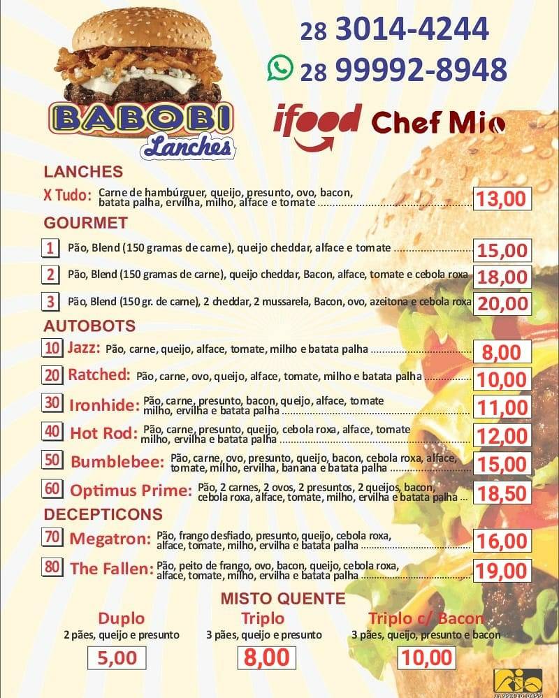 BABOBI Restaurante, Lanchonete e Pousada (Cachoeiro de Itapemirim) cardápio