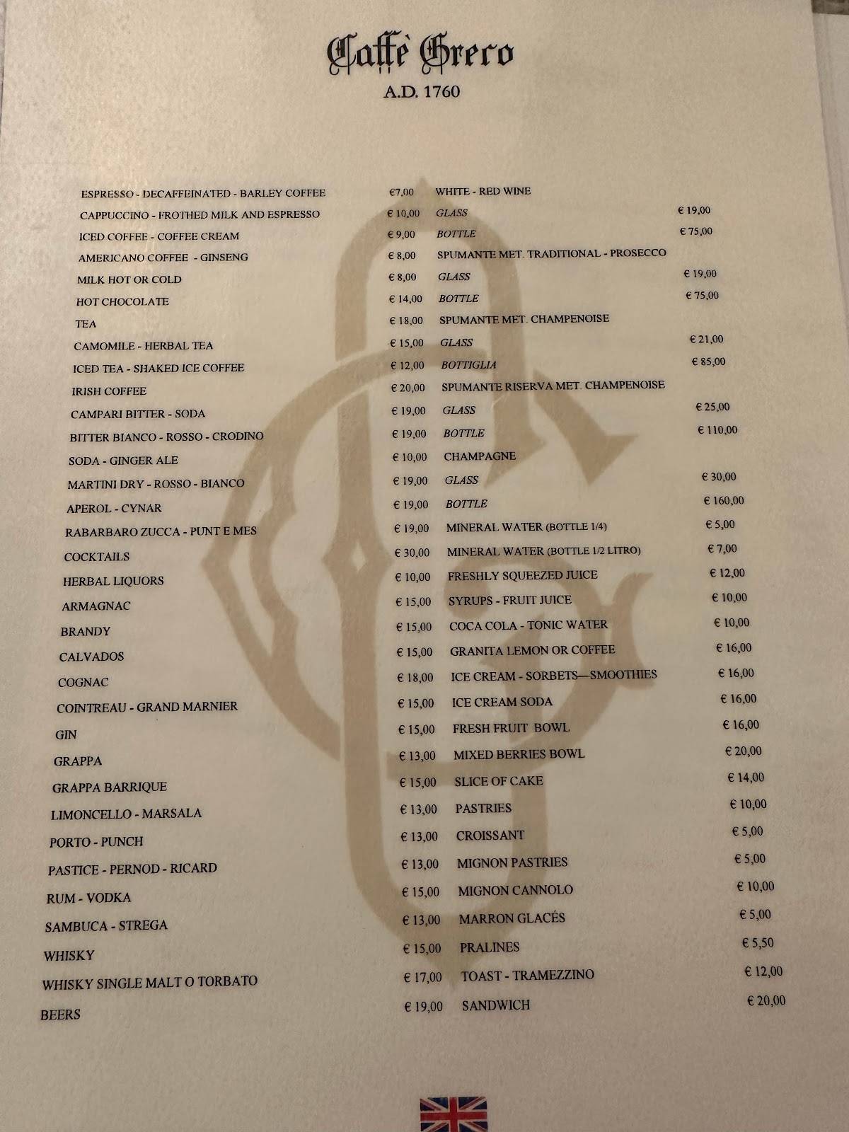 Menu da Antico Caffè Greco caffè bar, Roma, Via dei Condotti