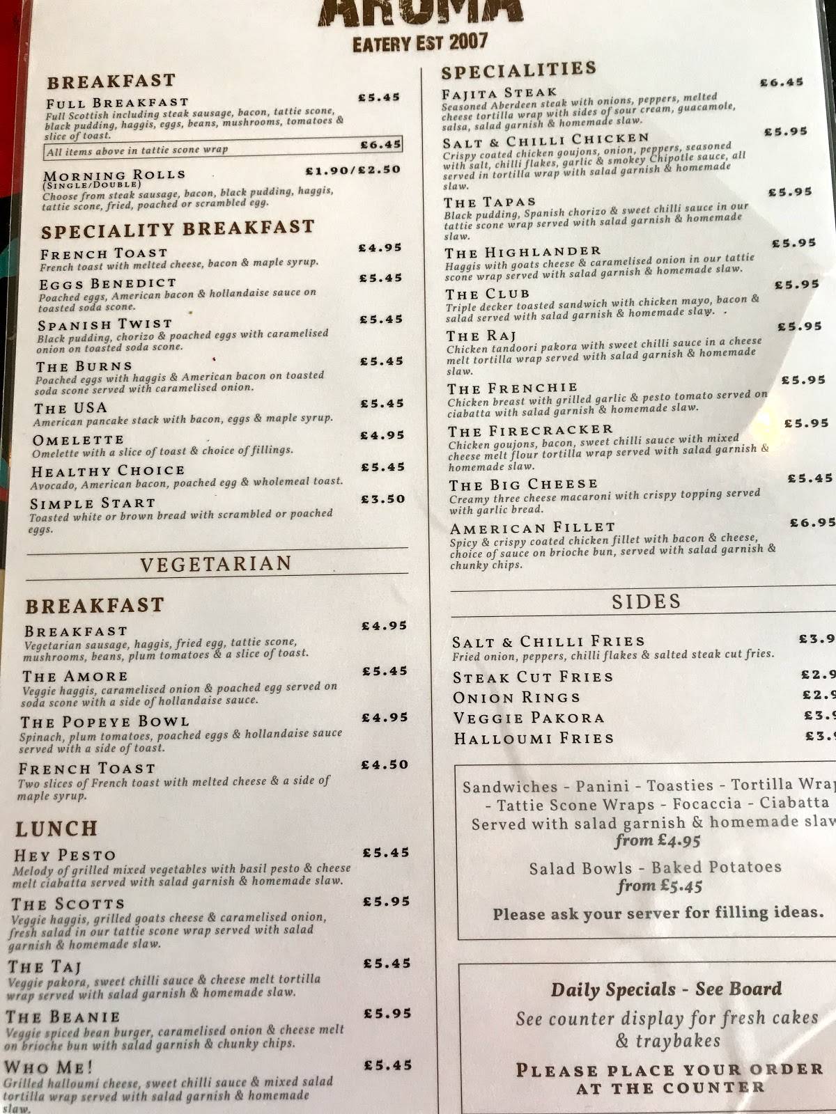 Menu at Aroma Coffee & Kitchen cafe, Wishaw