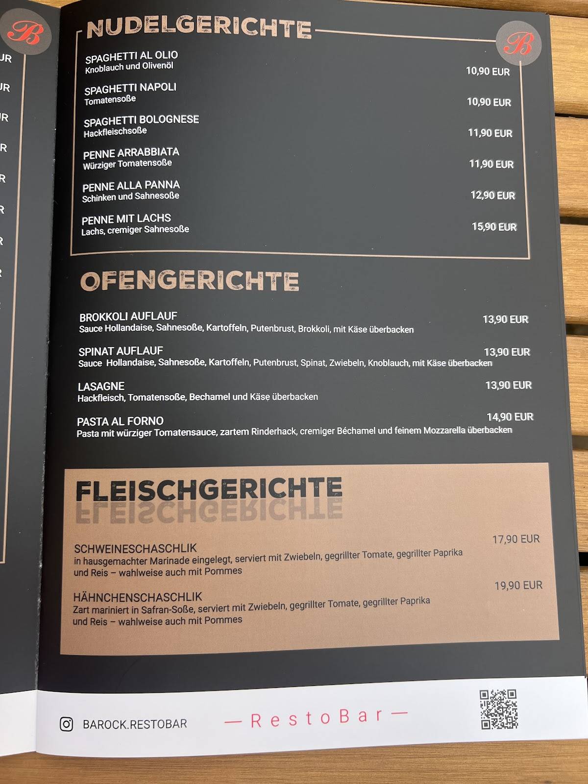 Menu de Barock RestoBar