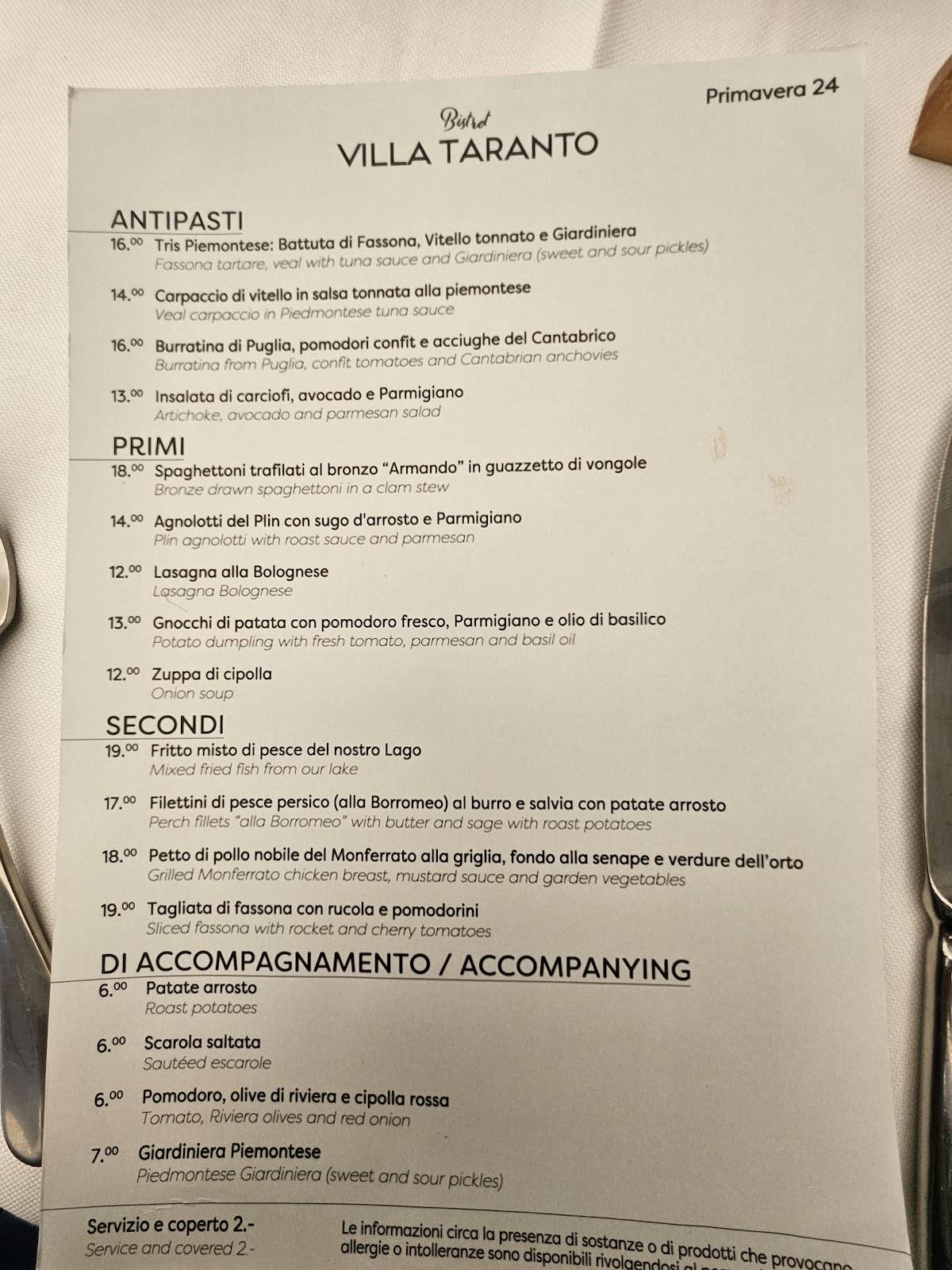 Menu di Cafè & Bistrot - Villa Taranto - Pallanza (vb) 