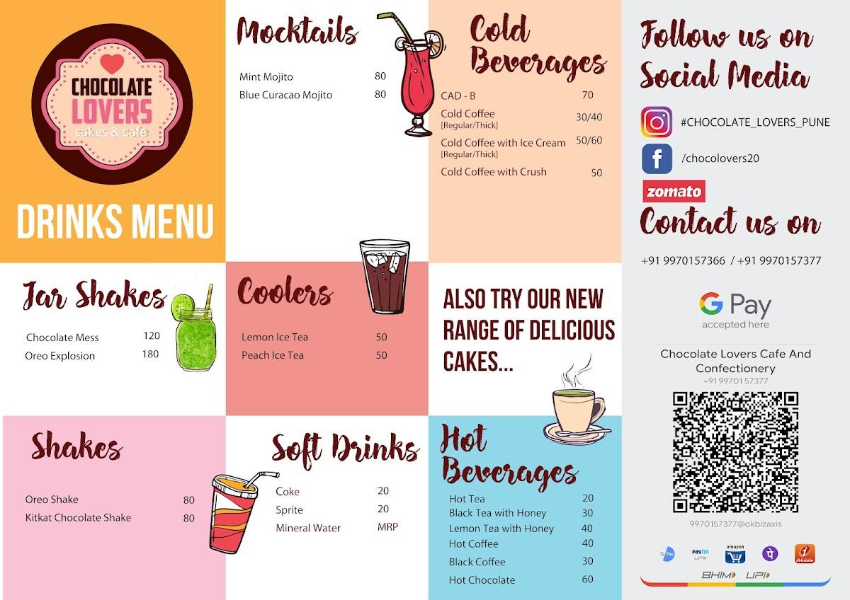 Chocolate Lovers Cakes & Cafe menu