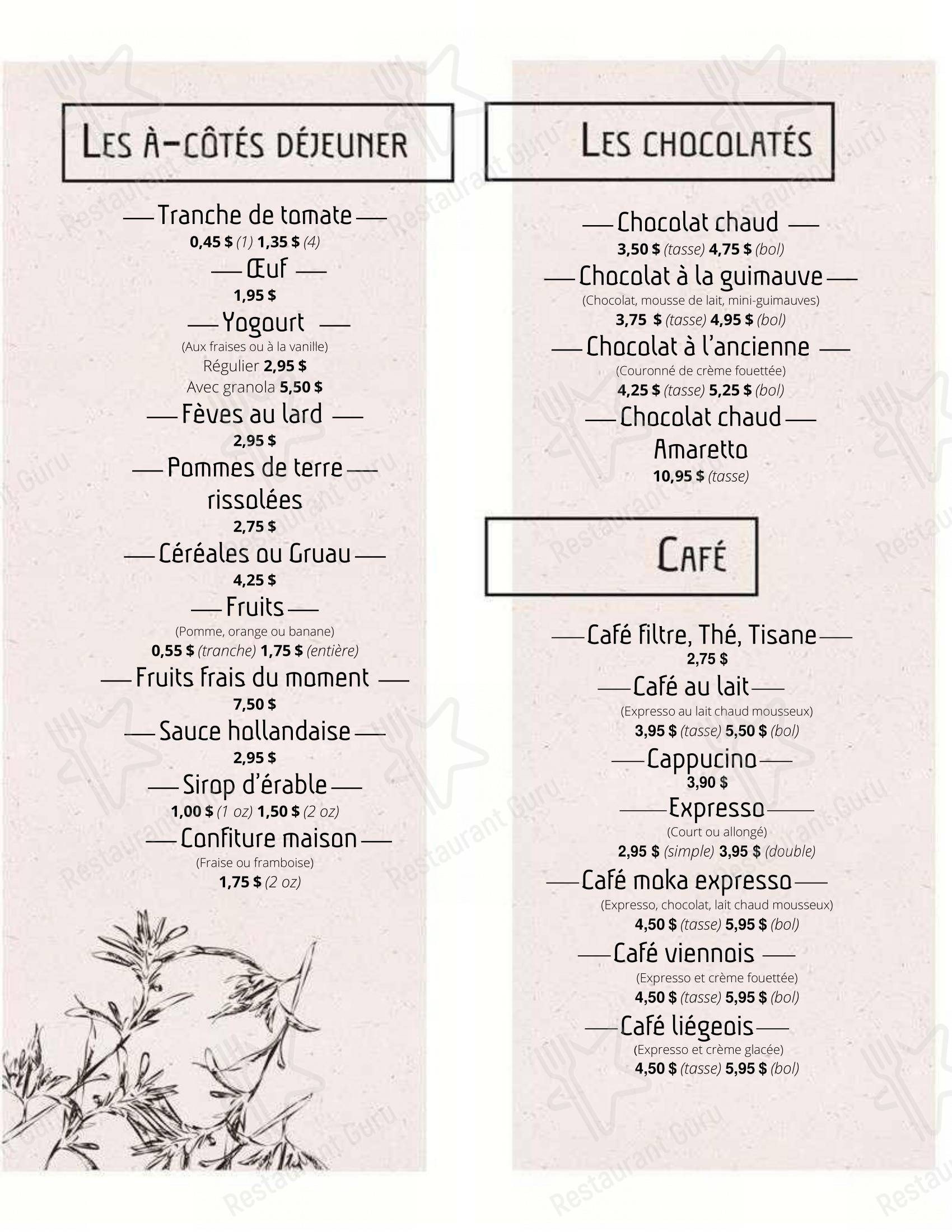Menu pour Café des Halles café