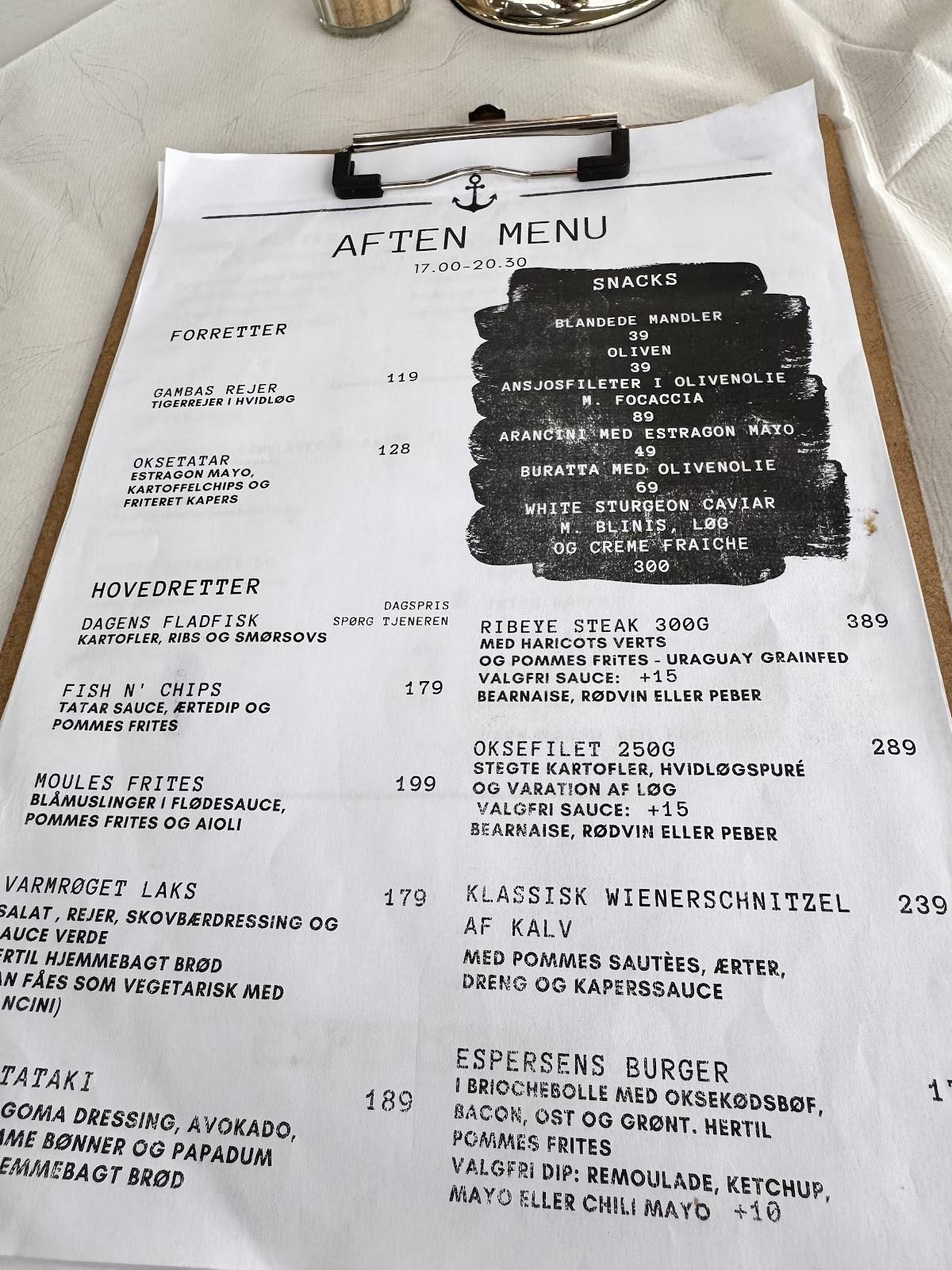 Menu at Café Espersen restaurant, Dragør