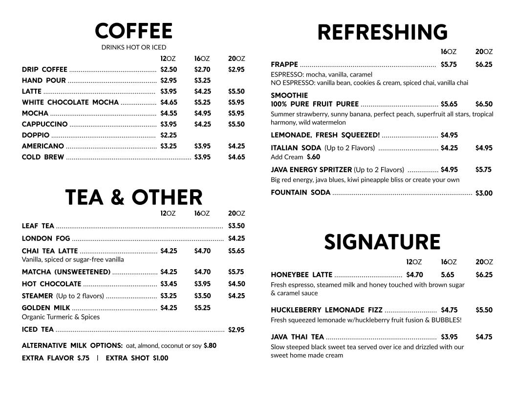 Carta del café Java Moon, Sheridan