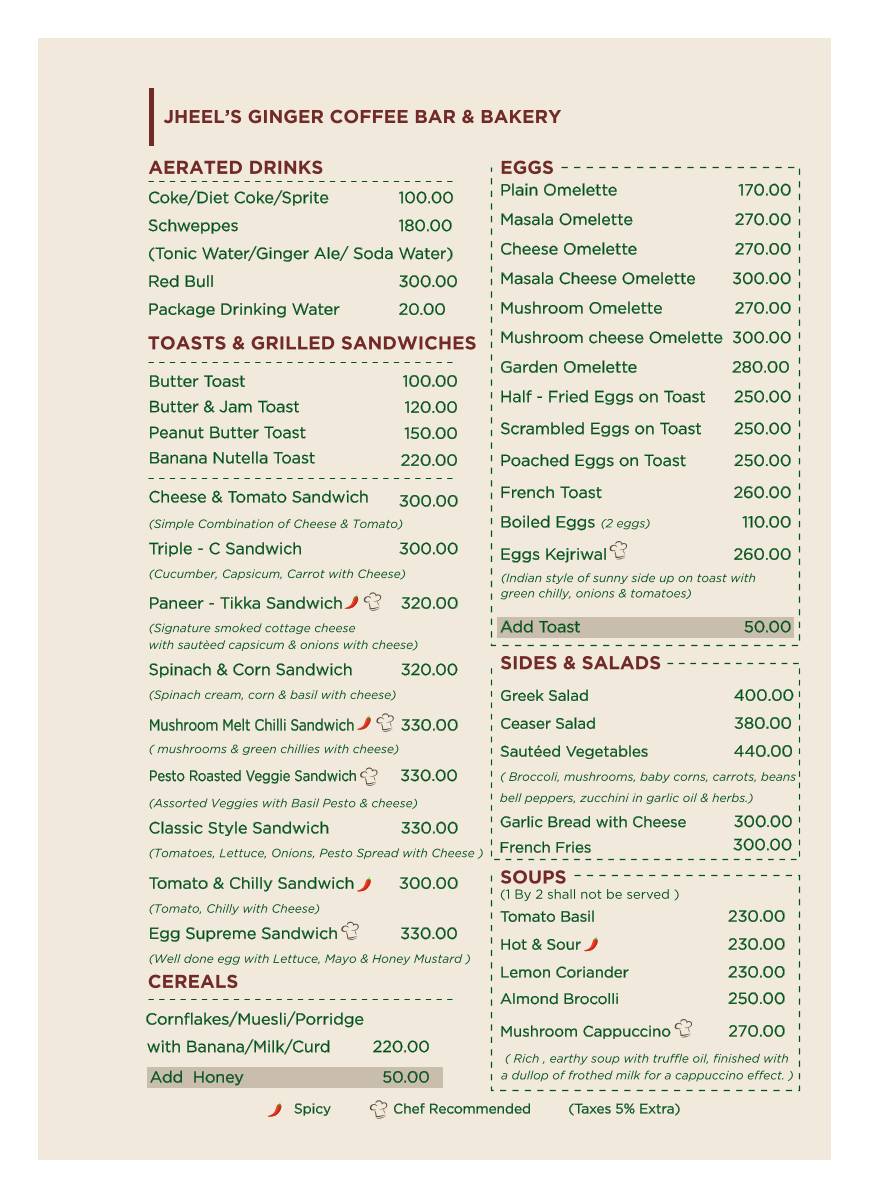 Jheel’s Ginger Coffee Bar & Bakery menu