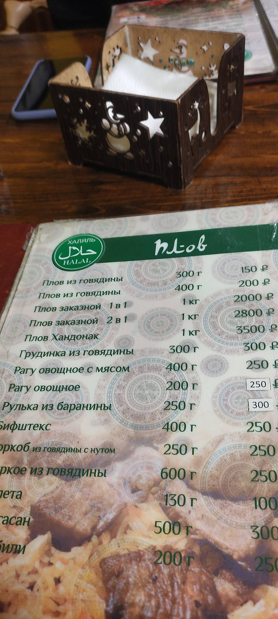 Menu au Shashlychok 24 café, Moscou, Nastavnichesky Lane