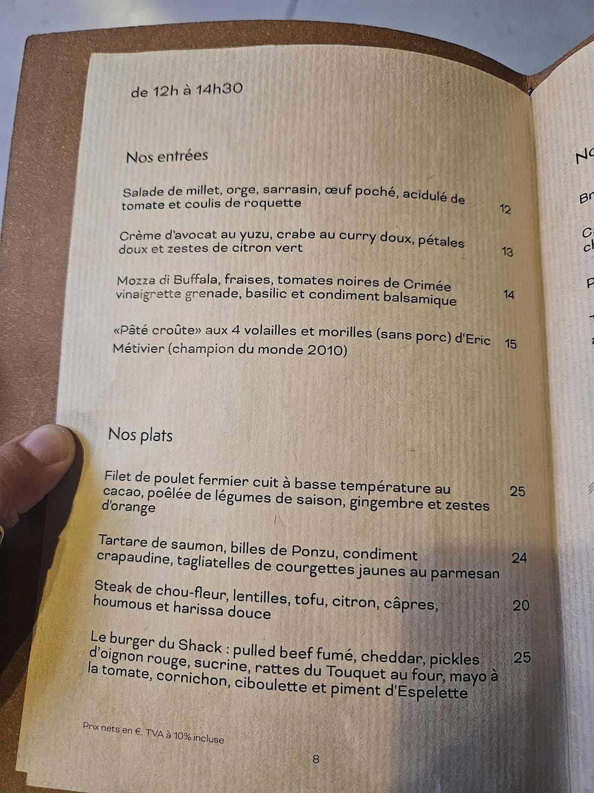 Menu de Le Shack