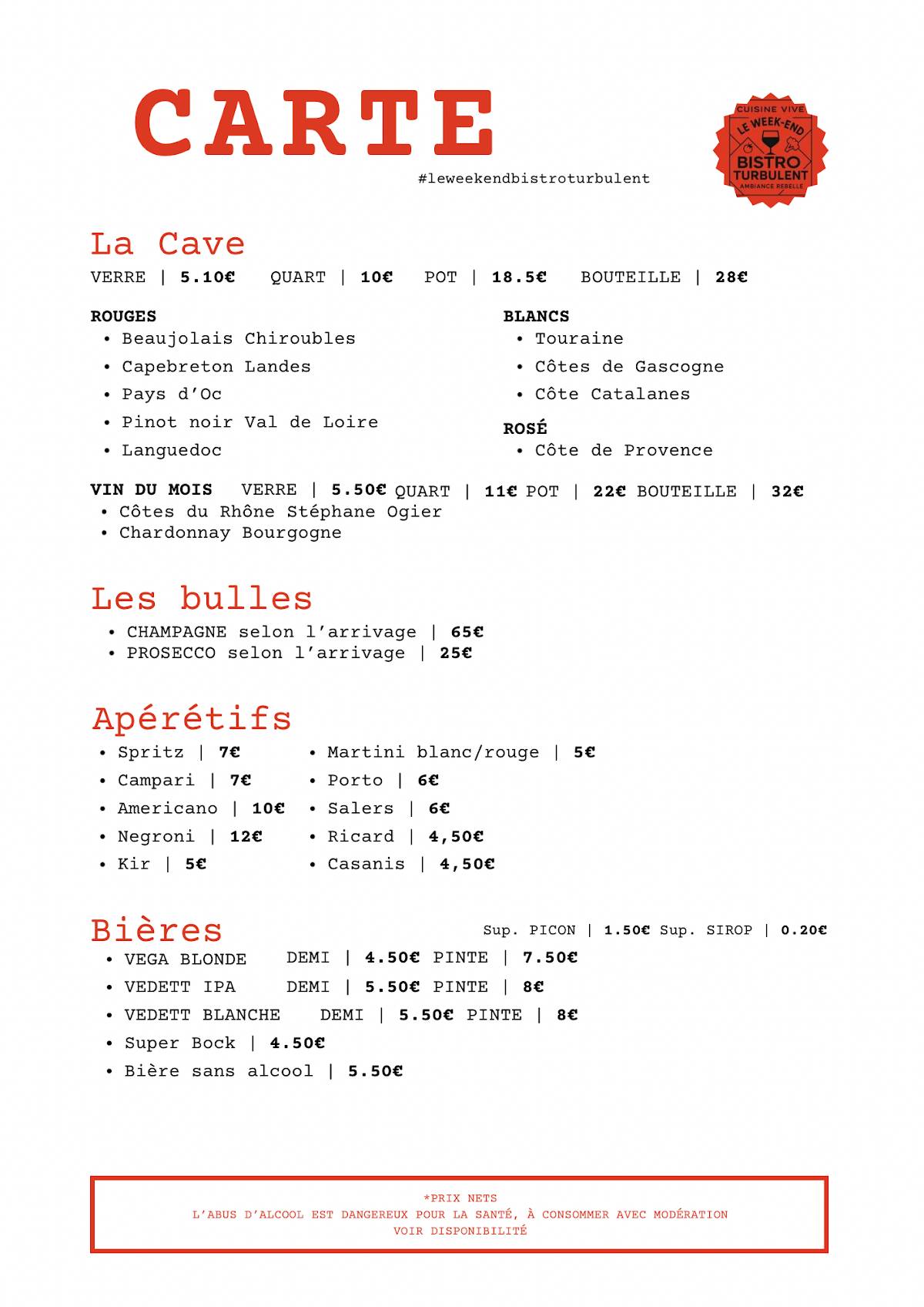 Menu de Le Week End Bistrot turbulent