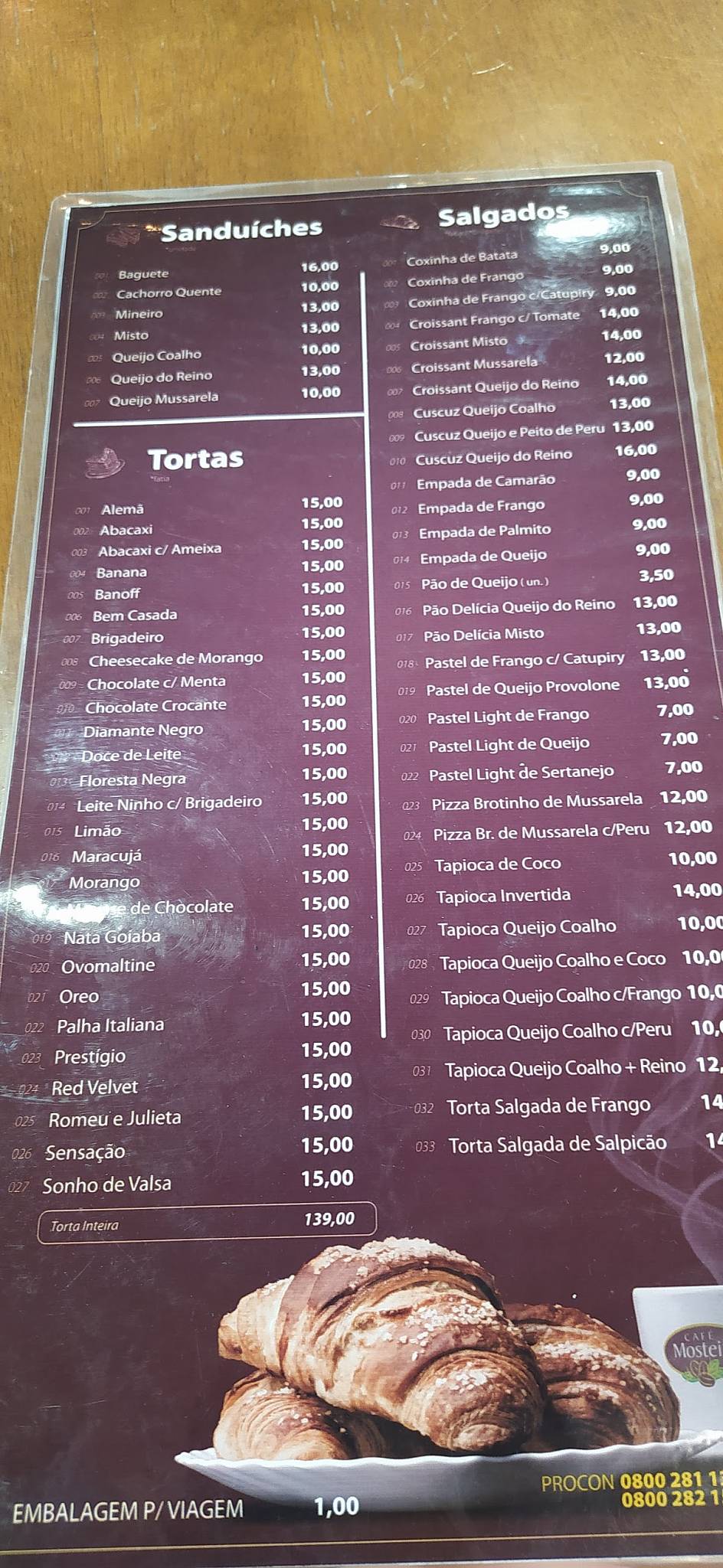 Café Mosteiro cardápio