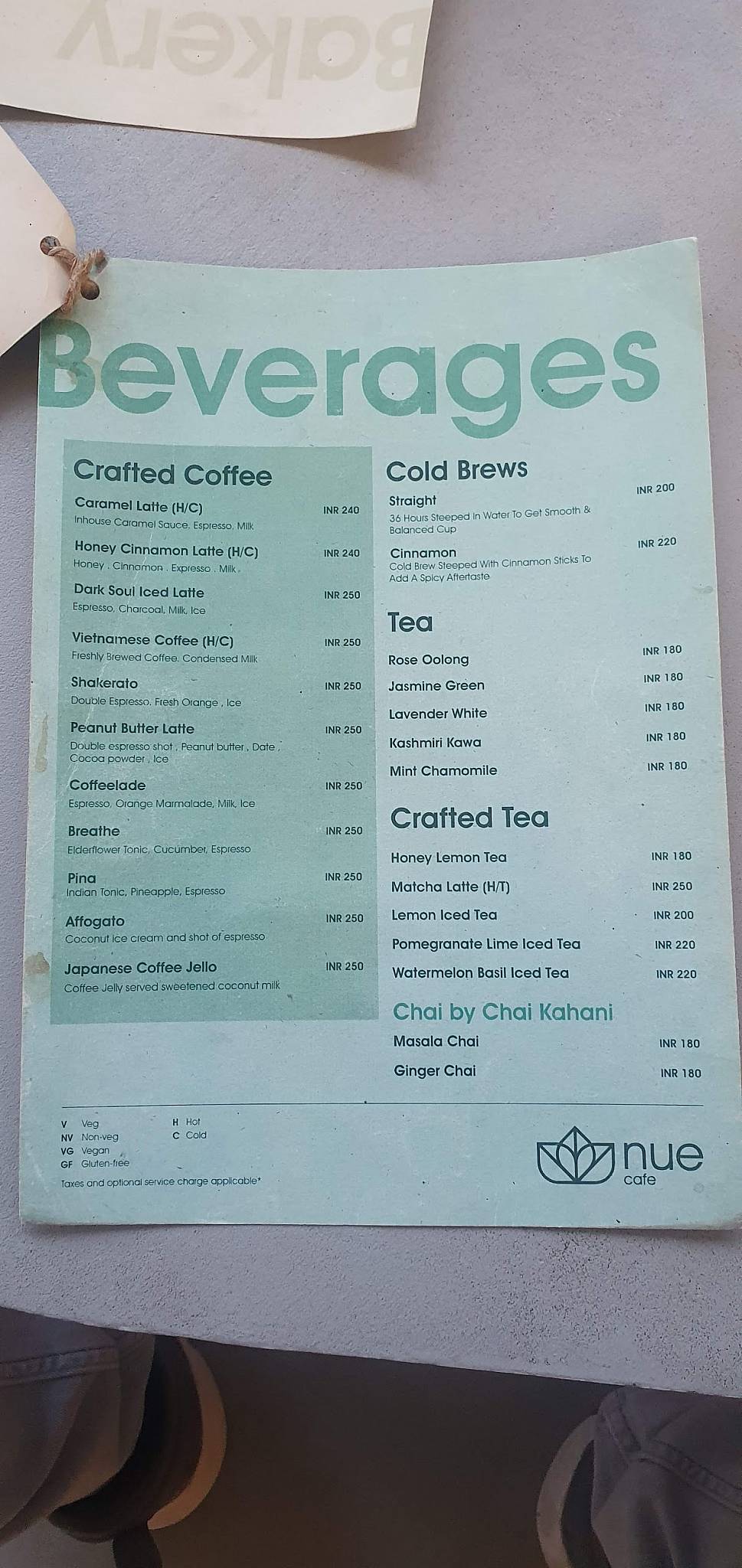 NUE Cafe menu
