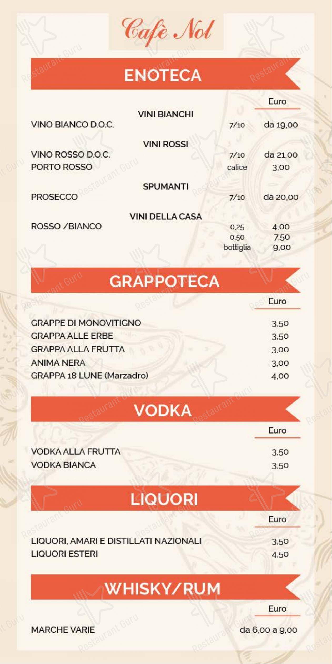 Menu per Café Nol ~ pub & pizzeria in Vattaro