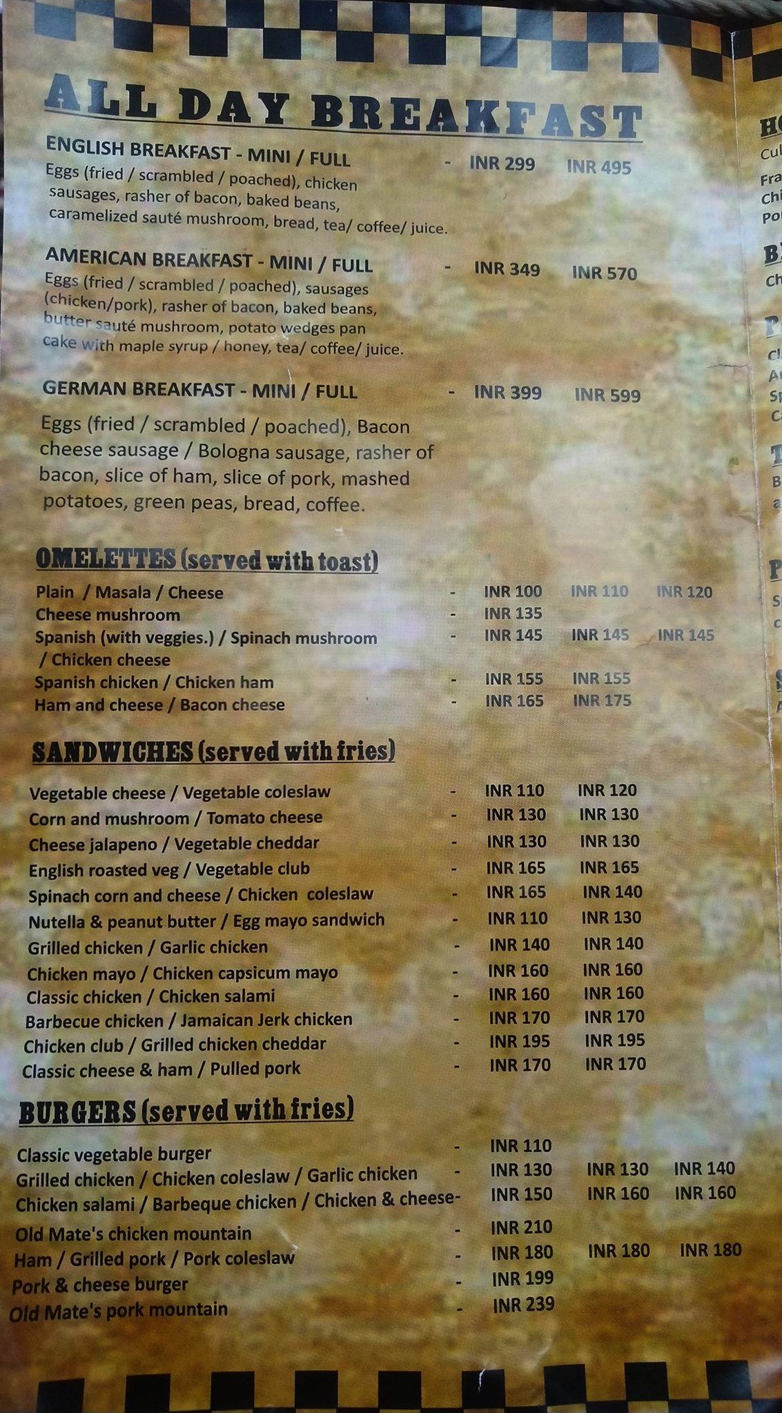 Old Mates menu