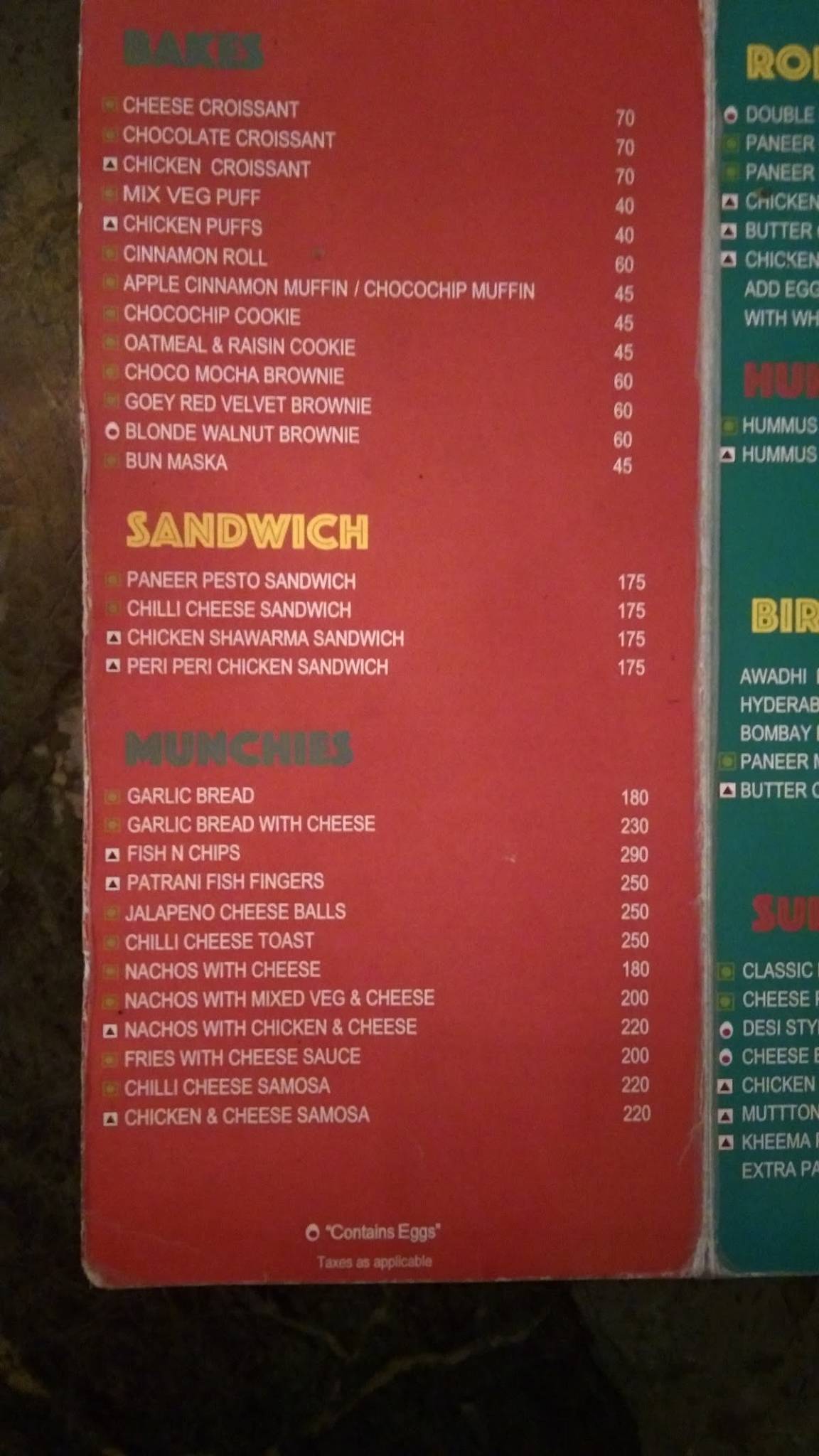 Prithvi Cafe menu