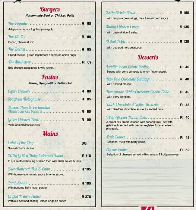 Menu at Rockafellas Cafe', Cape Town