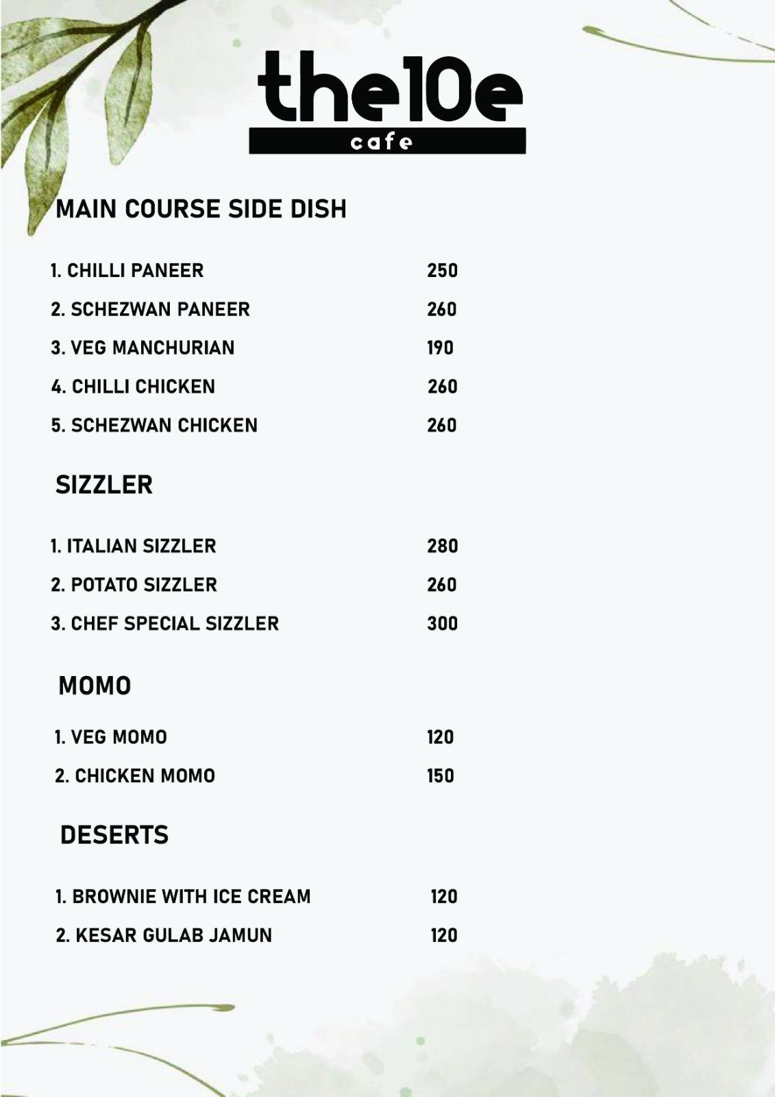 The 10e cafe menu
