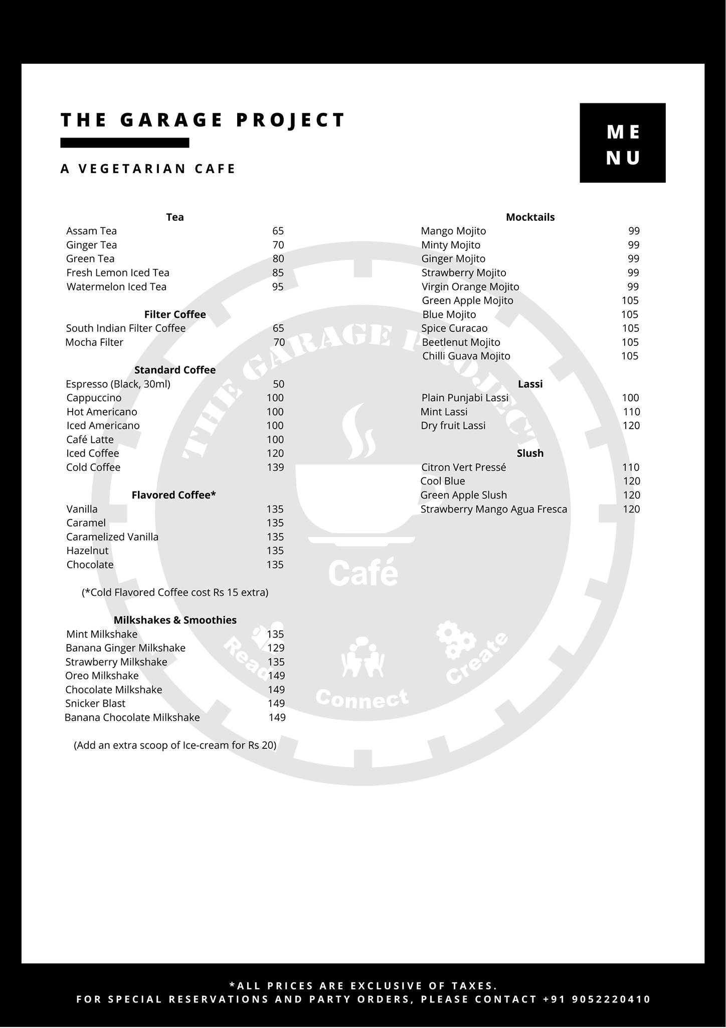 The Garage Project menu