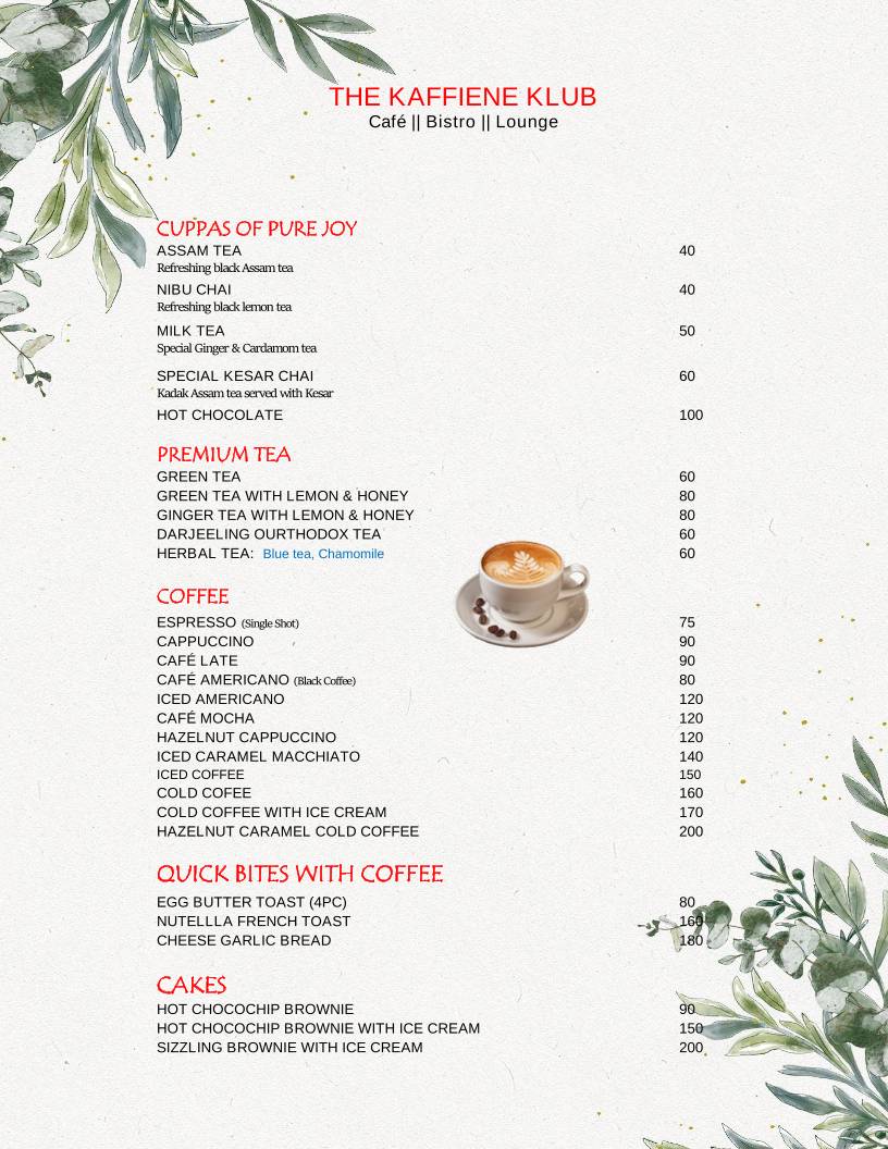 The Kaffeine Klub menu