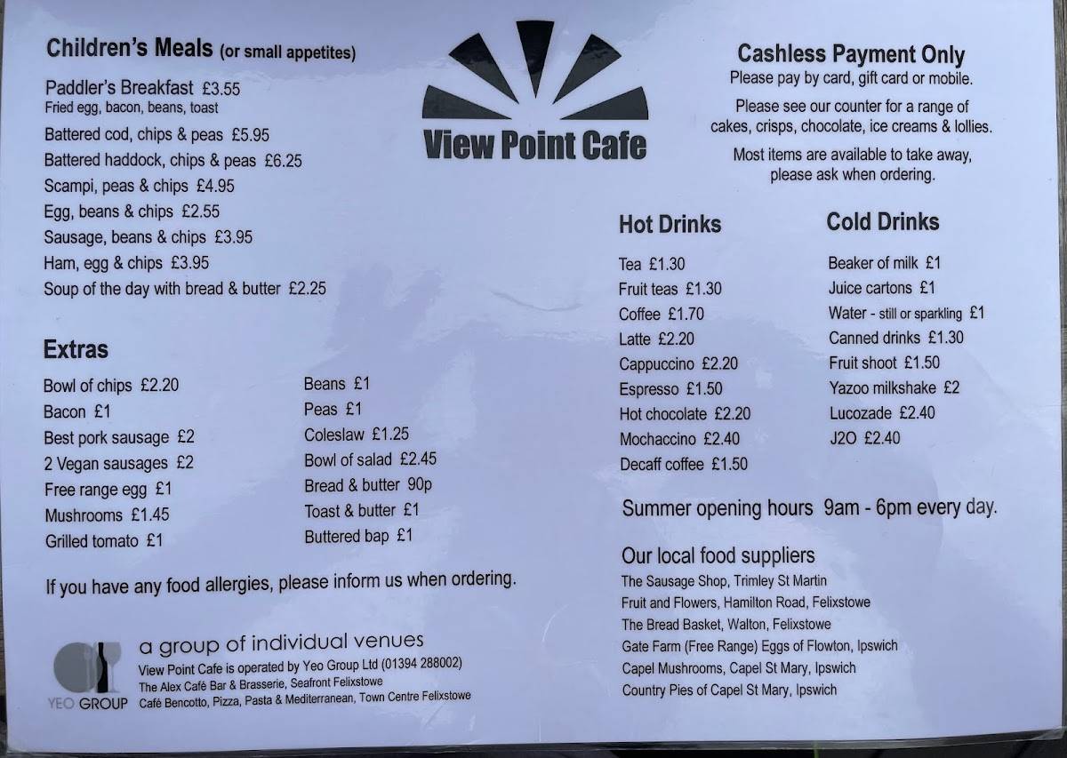 Menu at View Point Cafe, Felixstowe
