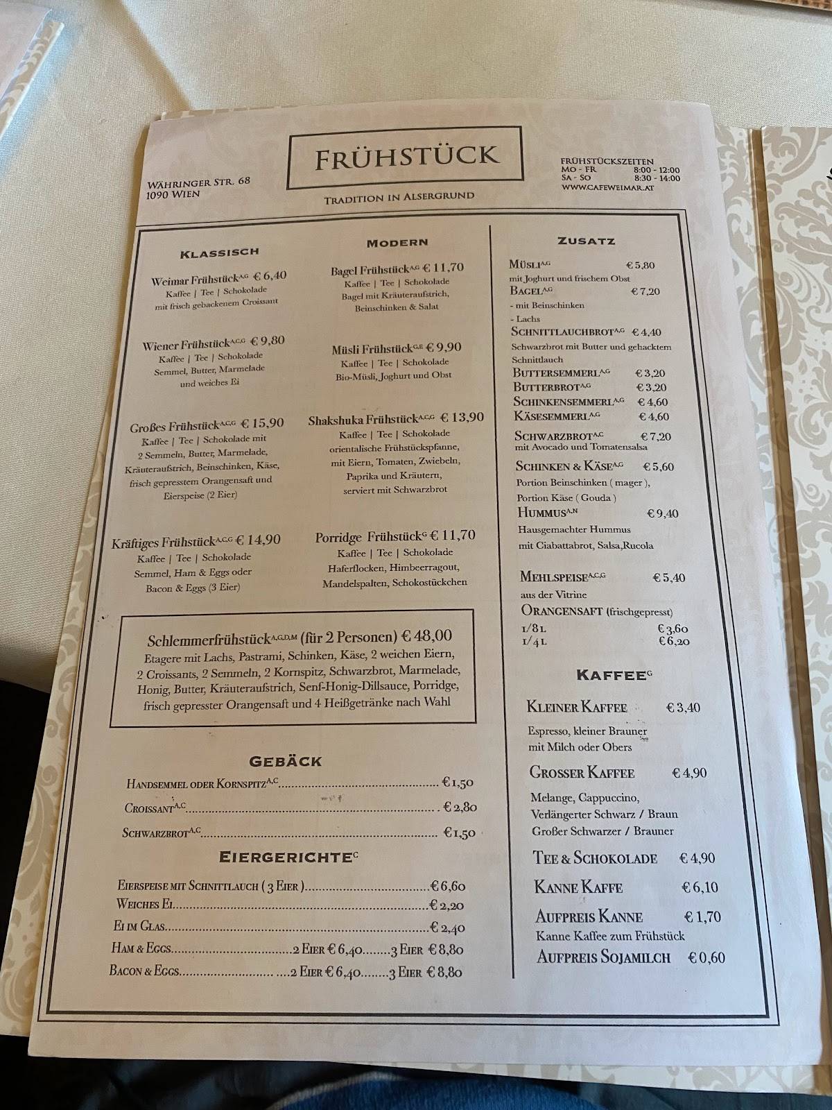 Menu at Café Weimar cafe, Vienna, Währinger Str. 68