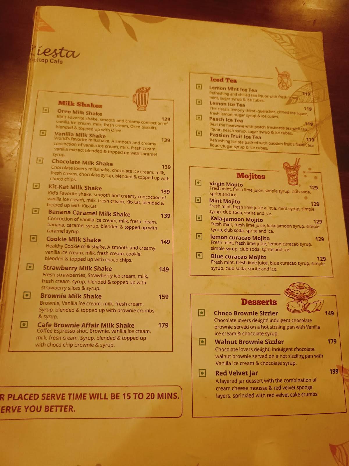 Ziesta Rooftop Cafe menu