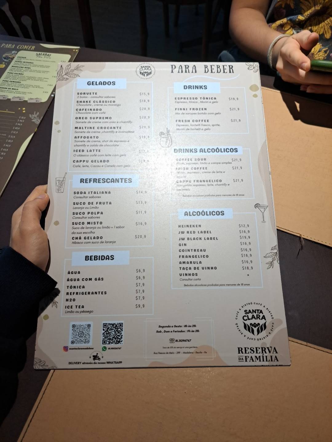 Cafeteria Santa Clara Madalena cardápio