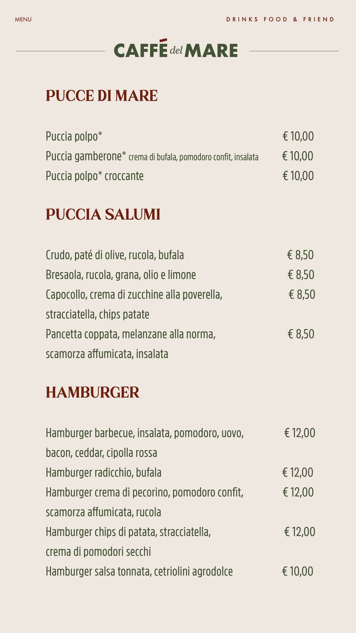Menu di Caffè del Mare 