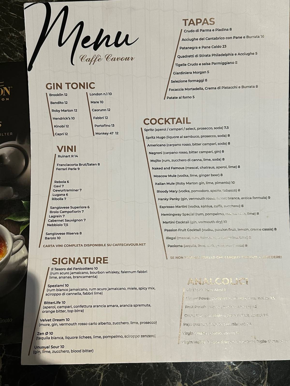 Menu di Caffè Cavour 