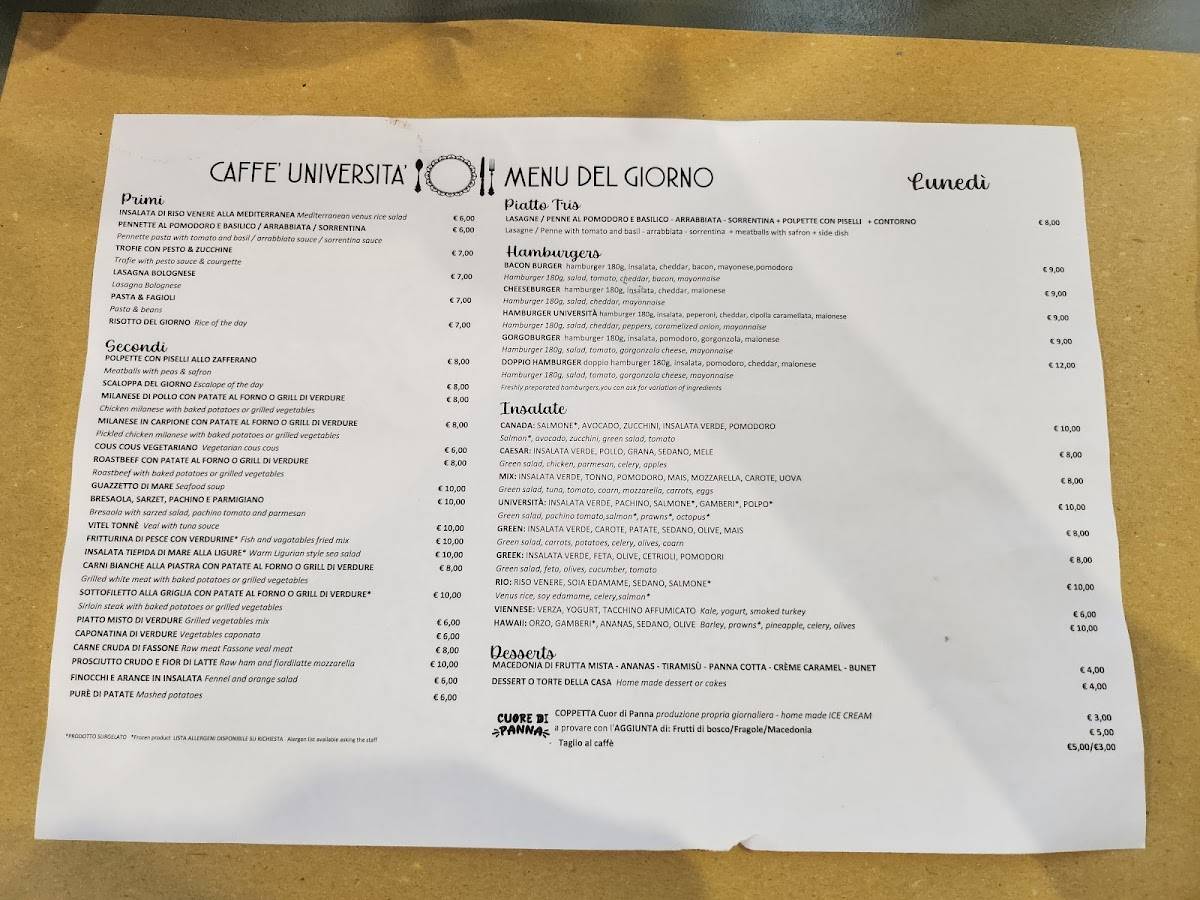 Menu di Caffetteria dell'Università 