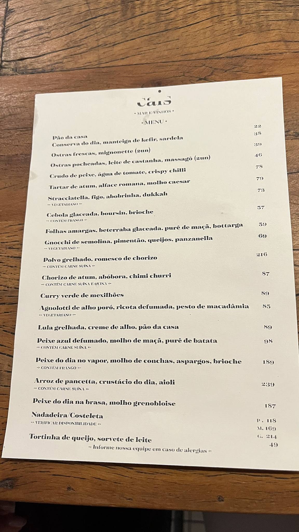 Cais Restaurante cardápio