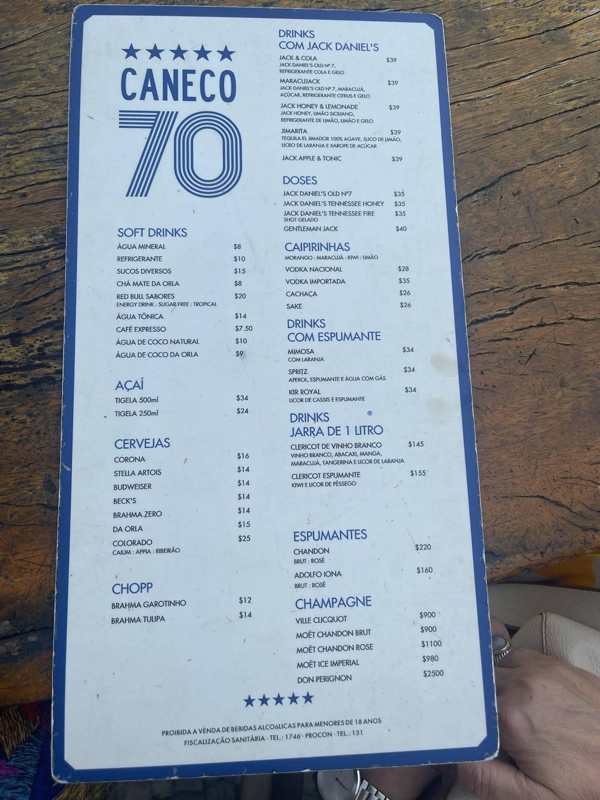 Caneco 70 cardápio